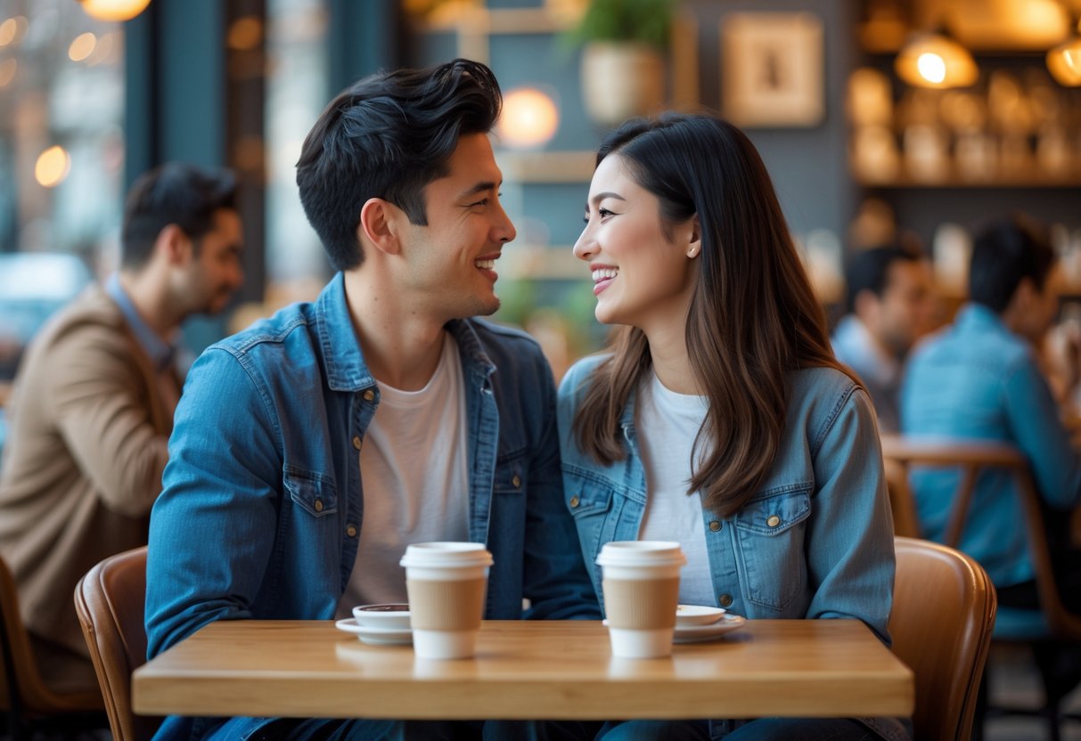 A young couple meeting in a cafe for the first time after connecting online, smiling at each other across a table with coffee cups.
