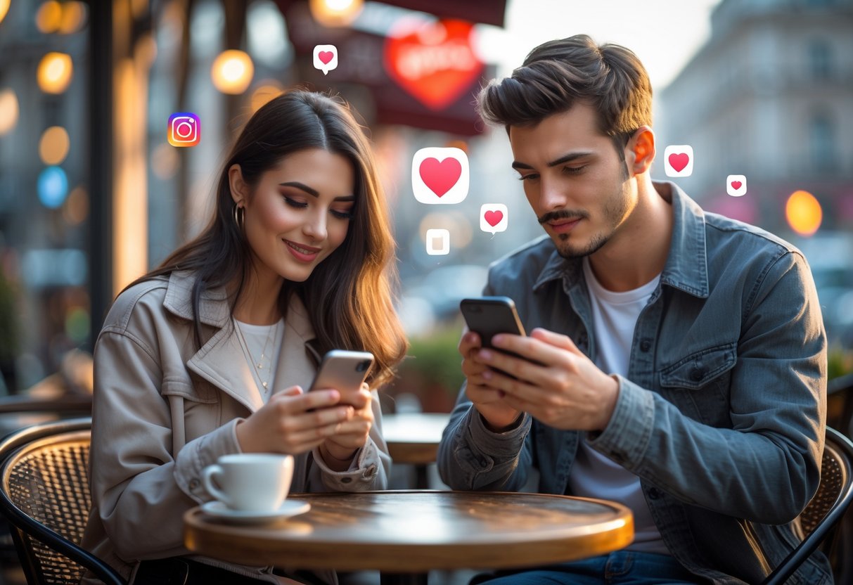 A young couple sitting at a cafe table outdoors, both looking at their smartphones with gentle expressions.