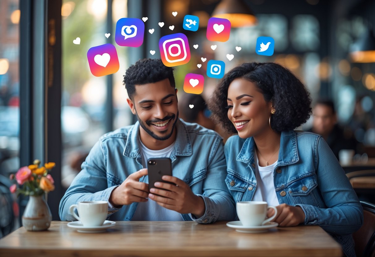 A young couple sitting at a café table looking at a smartphone together and smiling.