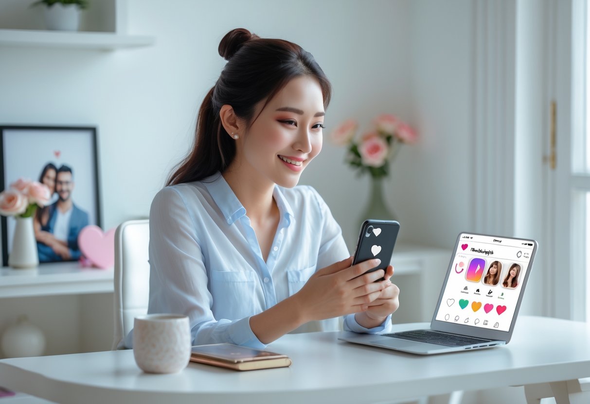 A young woman smiling while holding a smartphone at a desk with a laptop displaying a social media profile, in a bright room with flowers and romantic decor.