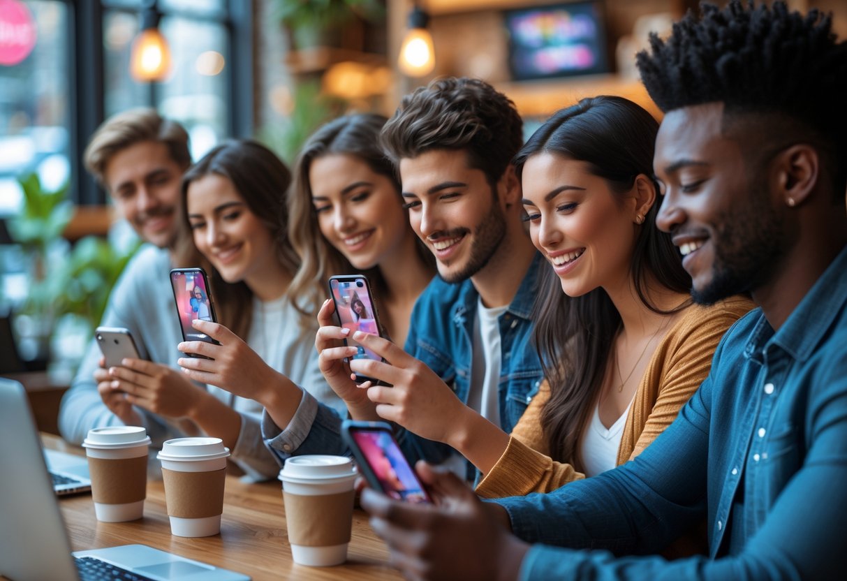 A group of young adults using smartphones in a café, smiling and engaging with social media apps.