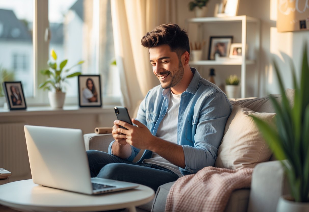 A young adult sitting in a cozy living room, smiling while using a smartphone and browsing a dating app, with a laptop nearby showing a social media feed.