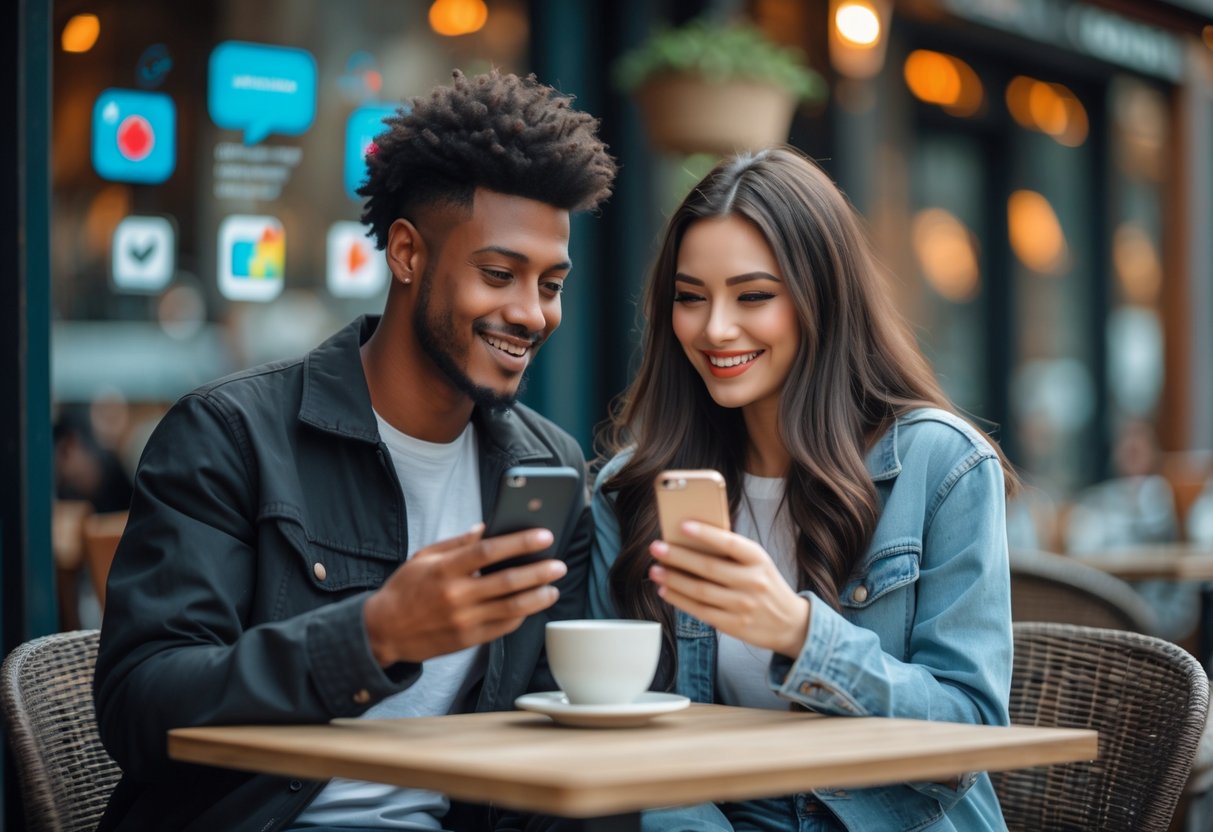A young couple sitting at a café table outdoors, both using smartphones and smiling at each other.