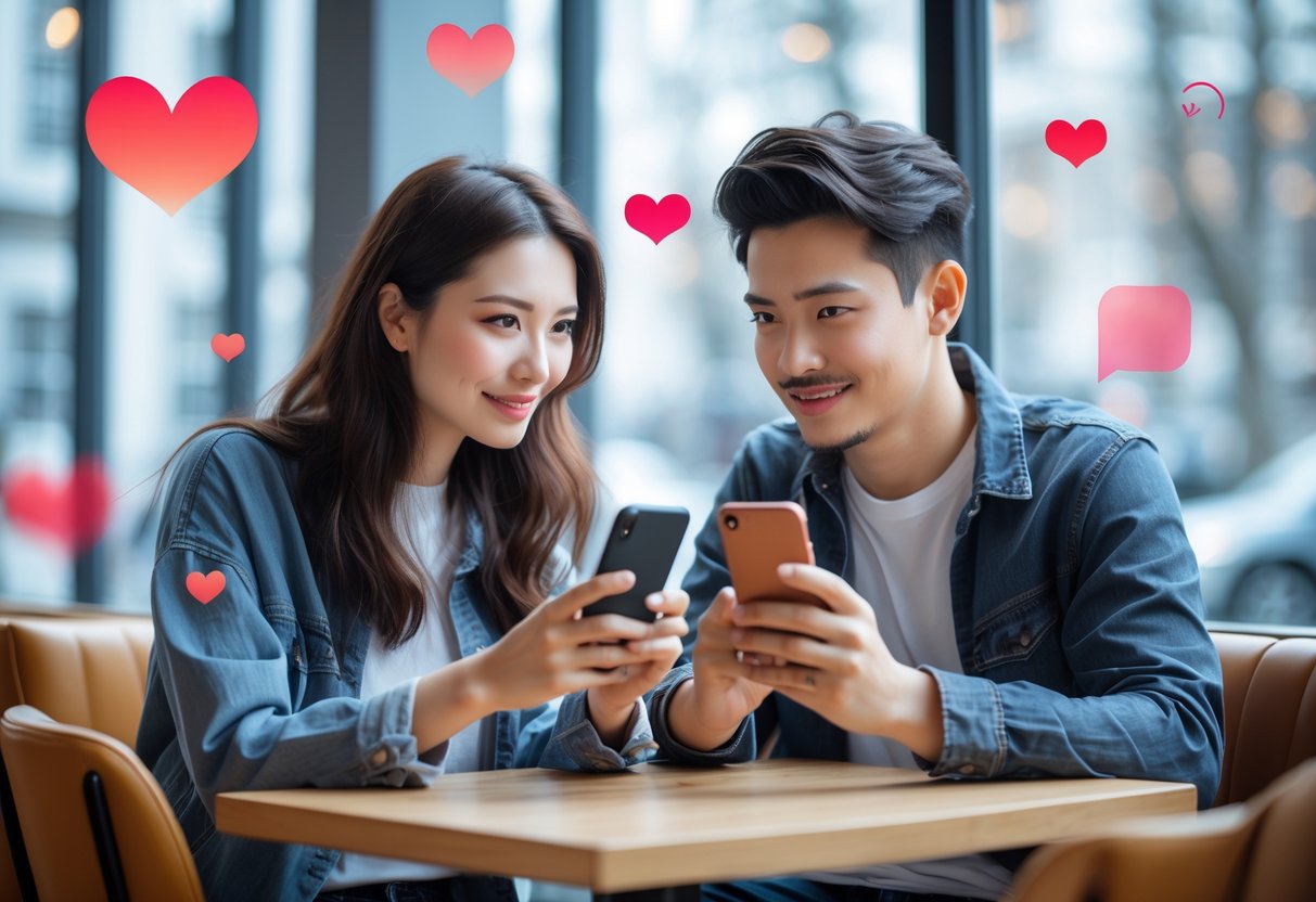 A young couple sitting at a cafe table looking at a smartphone together with thoughtful expressions.