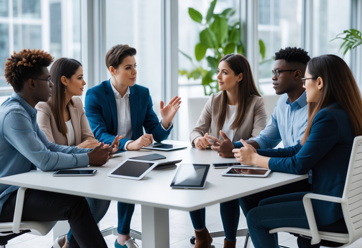 A group of young adults having a serious discussion around a conference table with smartphones and notebooks.