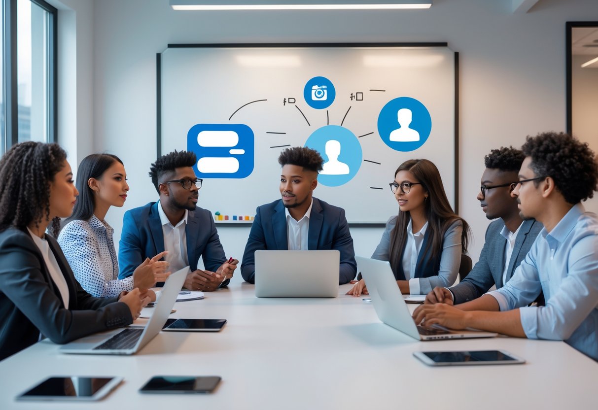A diverse group of young adults sitting around a table in an office, engaged in a discussion with laptops and smartphones.