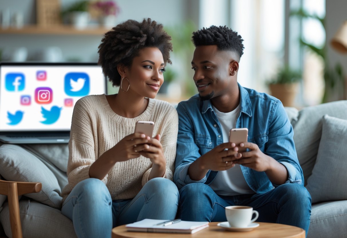 Two young adults sitting together in a living room, talking and holding smartphones, showing a respectful and friendly interaction.