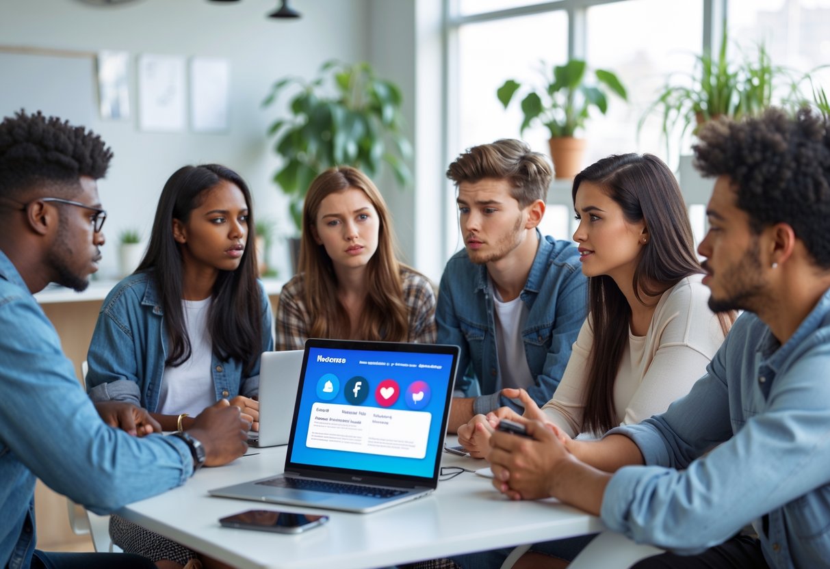 A diverse group of young adults sitting around a table with laptops and smartphones, discussing social media and dating boundaries in a bright office setting.