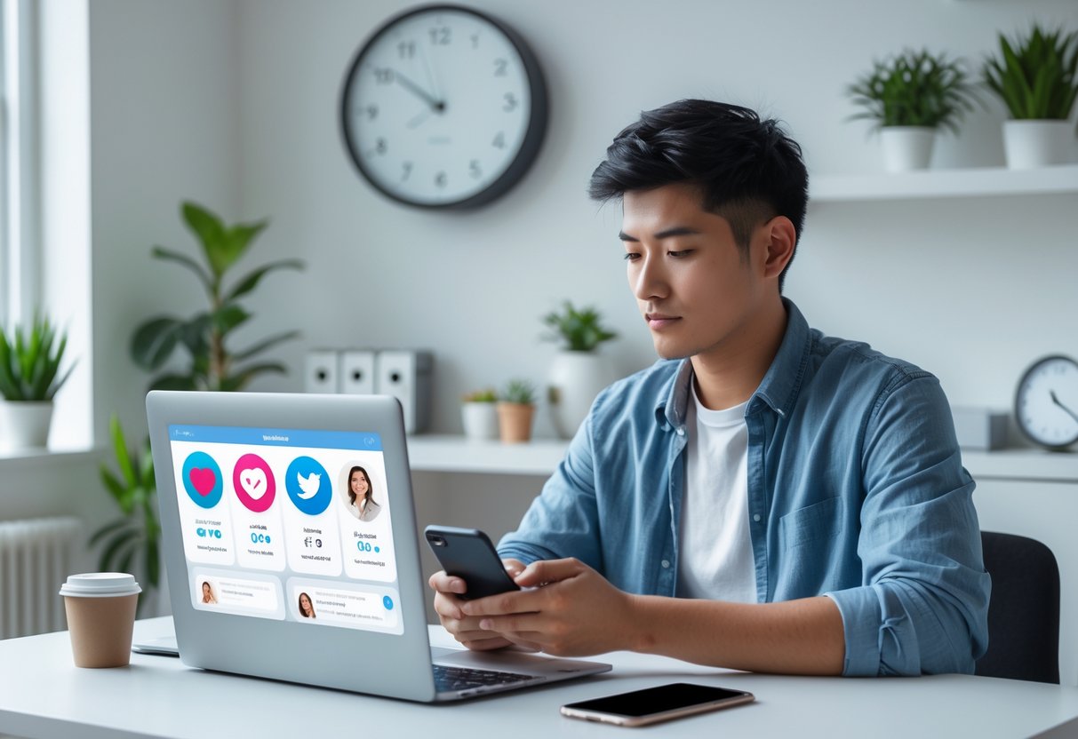 A young adult sitting at a desk using a laptop and smartphone, thoughtfully checking messages in a clean home office with a clock on the wall.