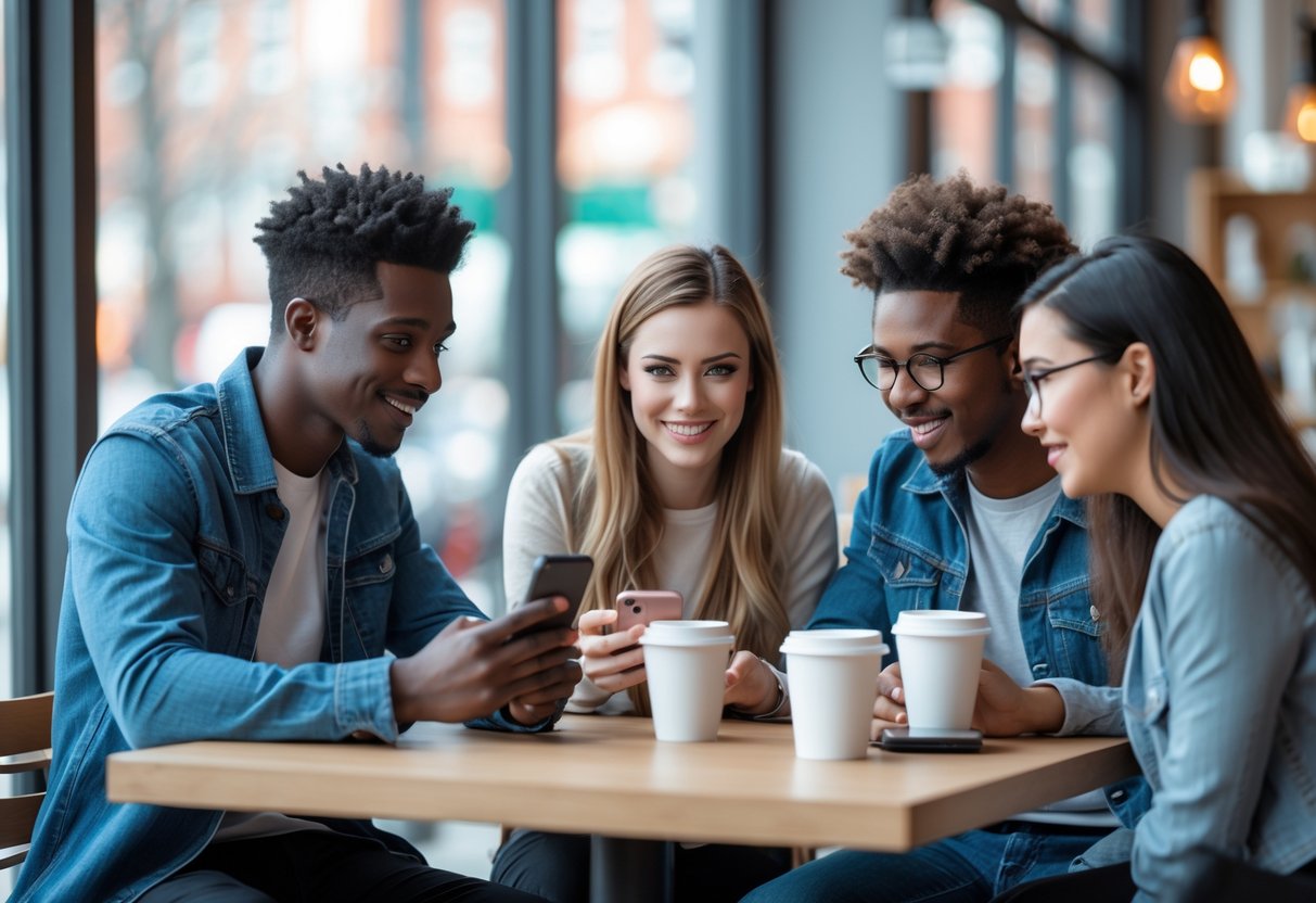 Three young adults sitting at a cafe table, looking at a smartphone and discussing something together.