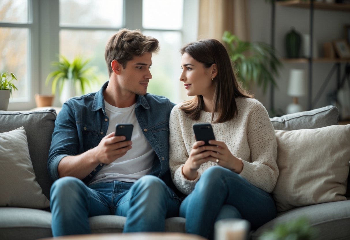 A young couple sitting together on a couch having a calm, private conversation in a cozy living room.