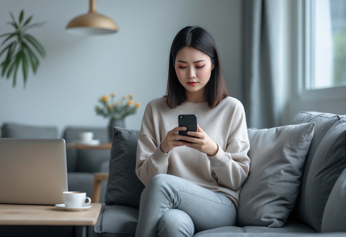 A young woman sitting alone on a sofa looking thoughtfully at her smartphone in a cozy living room.