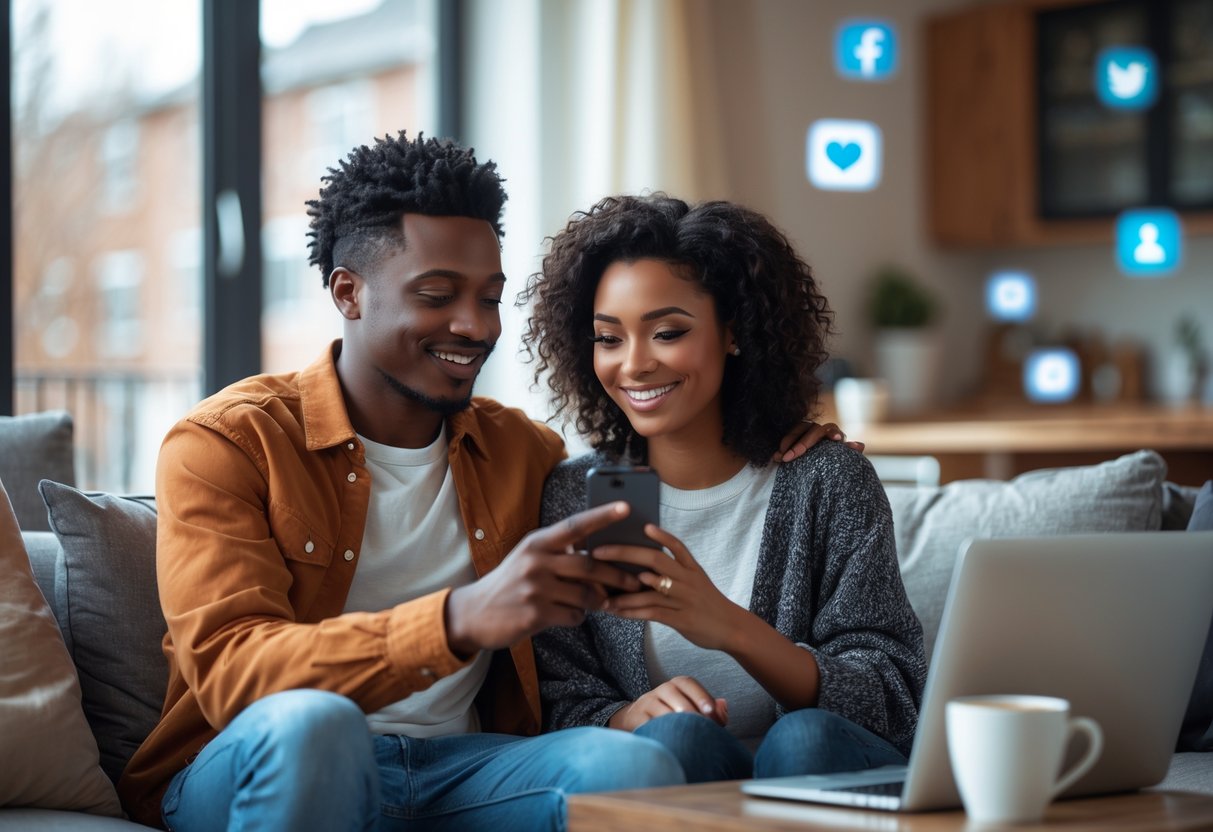 A young couple sitting together in a living room, looking at a smartphone and discussing their location sharing and social media boundaries.