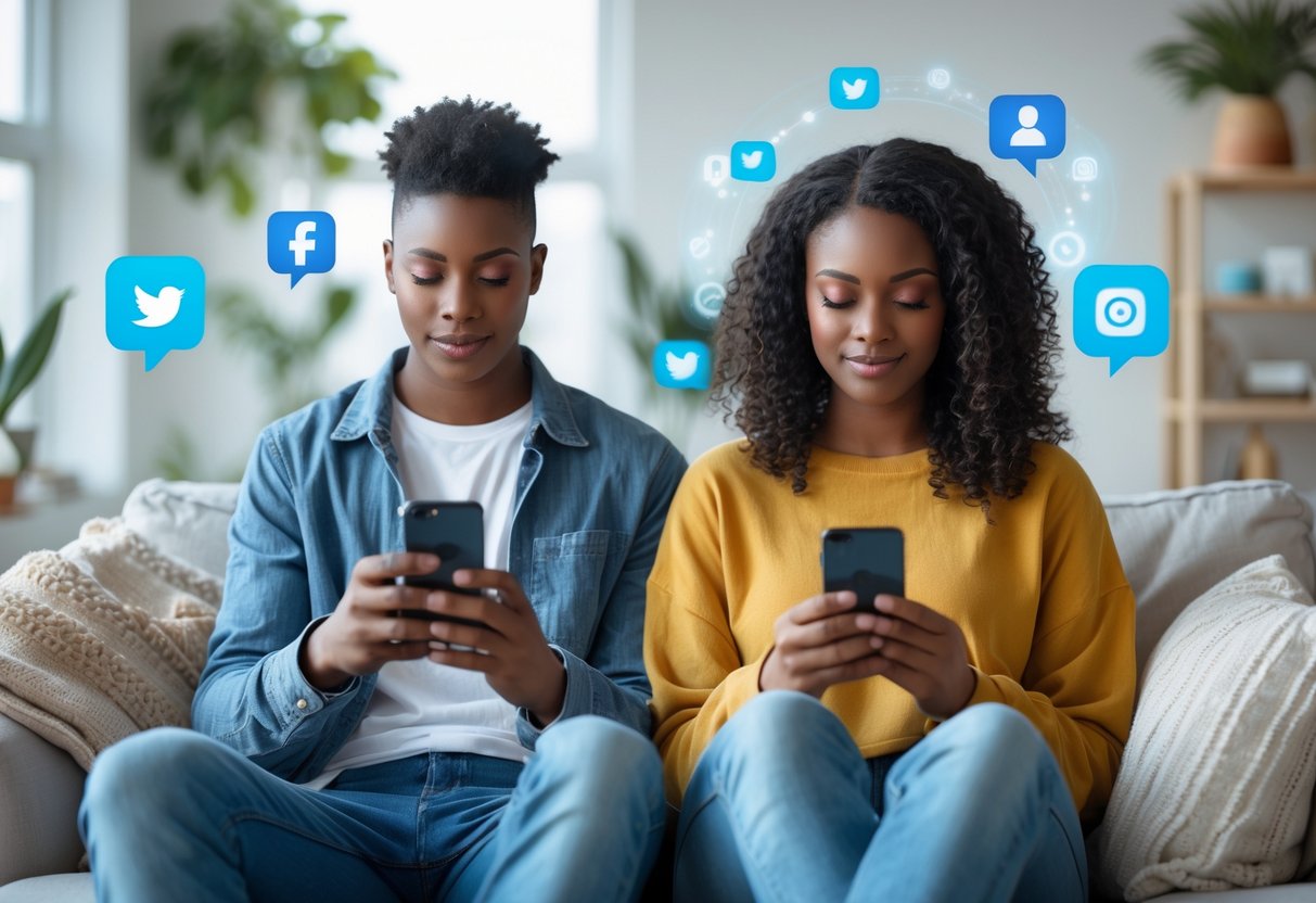 Two young adults sitting in a living room, each using their smartphones respectfully while maintaining personal space.