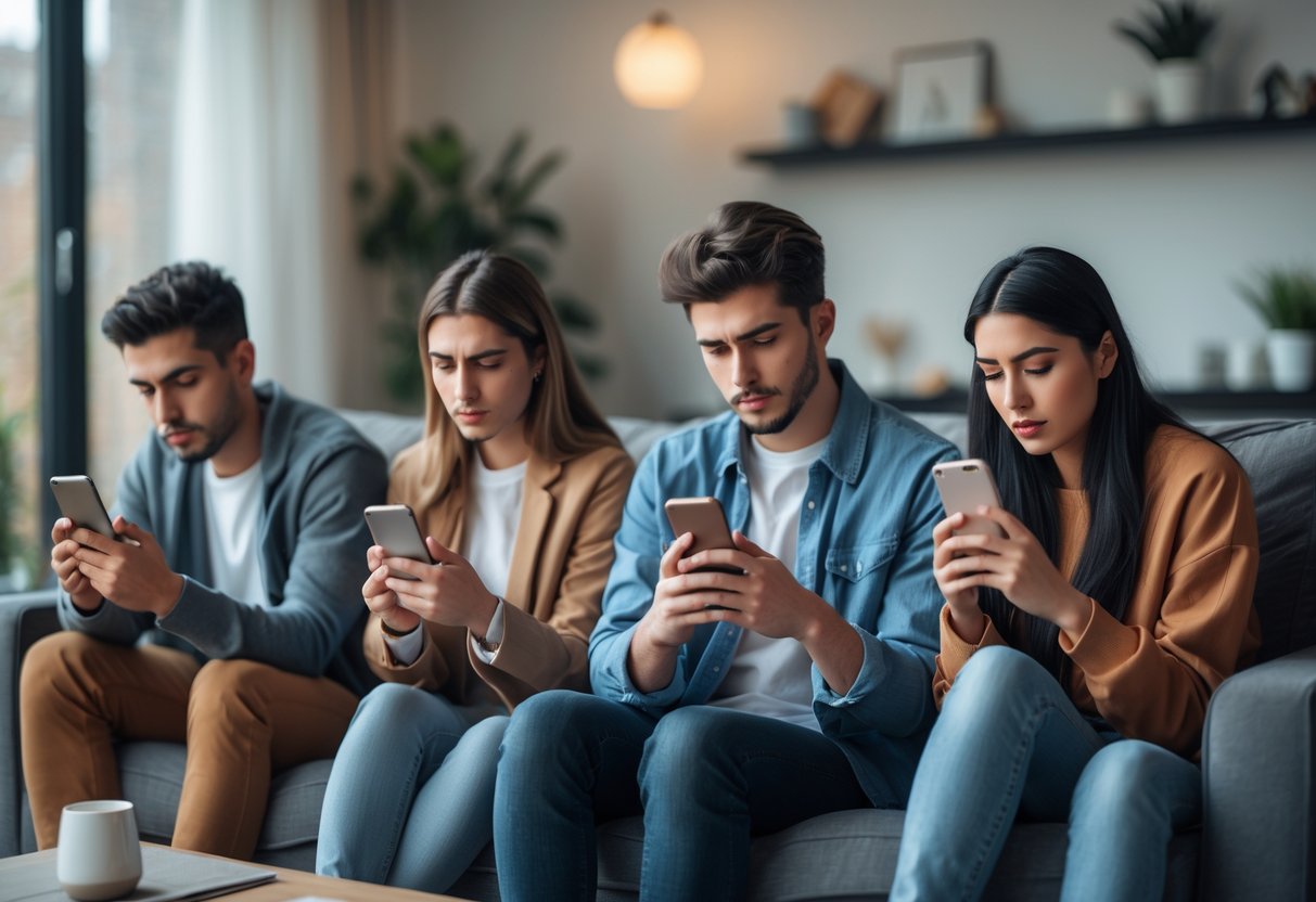 A group of young adults in a living room, each using their smartphones with thoughtful expressions, symbolizing mindful social media use and personal boundaries.