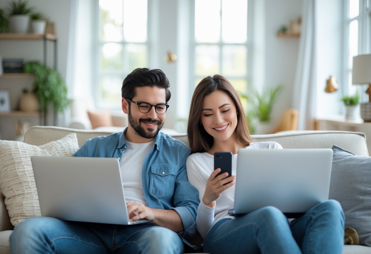 A couple sitting together in a living room, each using their own digital device separately and comfortably.