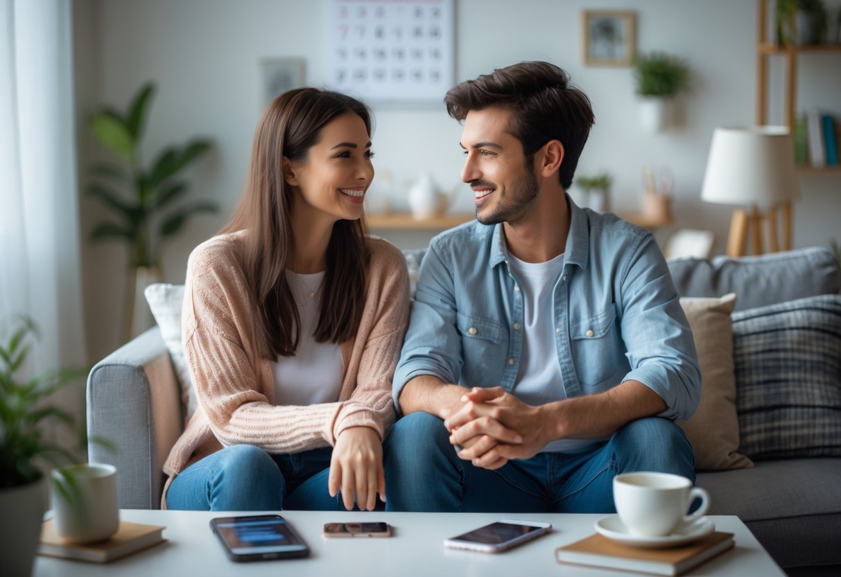 A young couple sitting together in a living room, having a warm and thoughtful conversation.