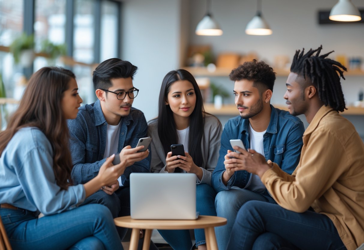 A diverse group of young adults using smartphones and laptops while having a thoughtful conversation in a bright indoor space.