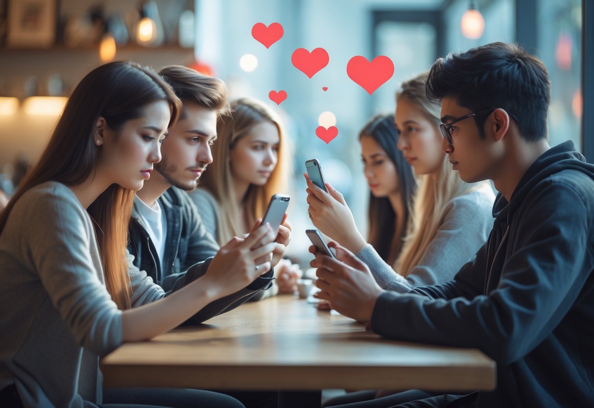 A group of young adults sitting in a cafe, using smartphones thoughtfully, representing mindful social media dating.