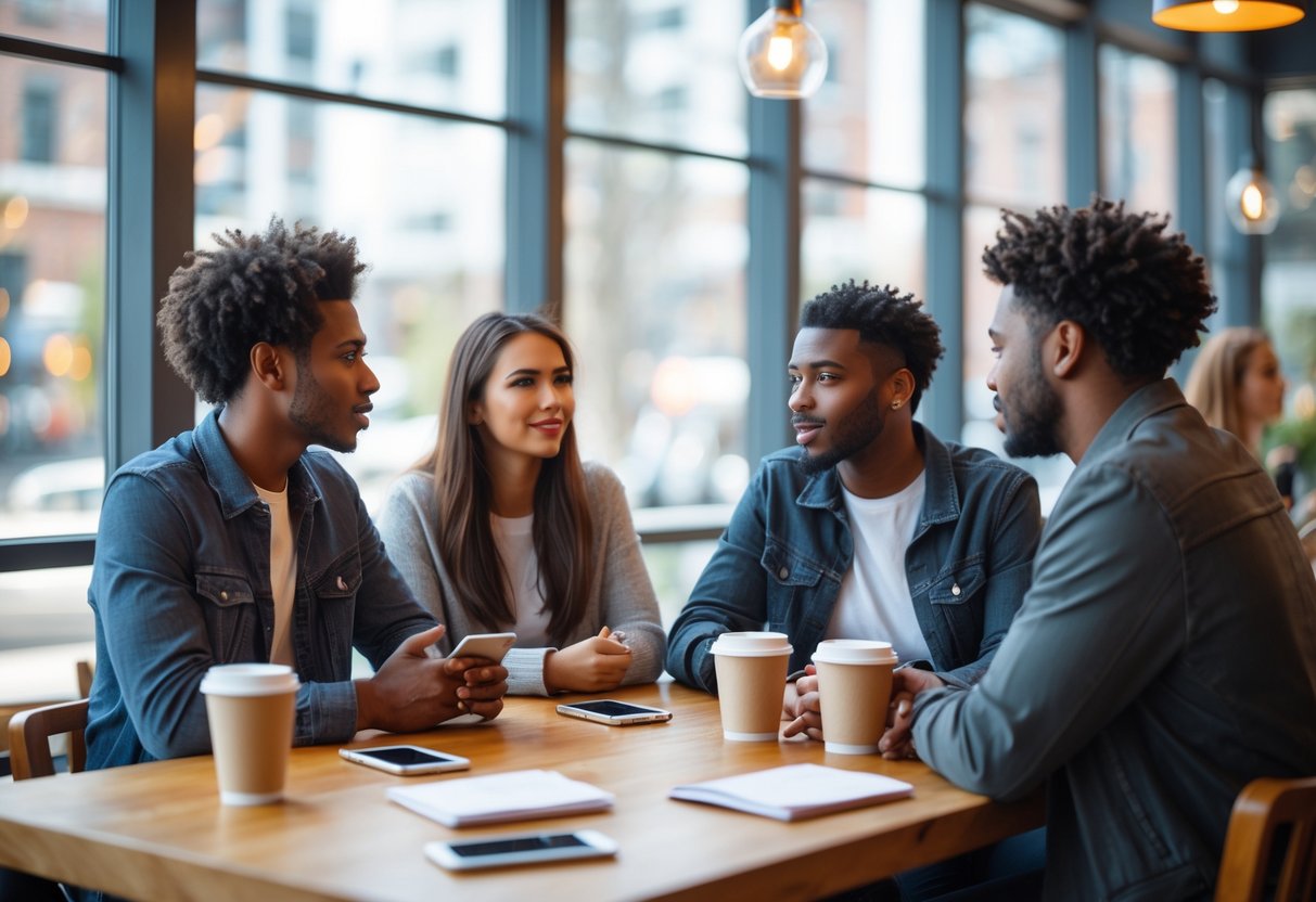 A diverse group of young adults sitting around a table in a café, engaged in a thoughtful conversation with smartphones and coffee cups.
