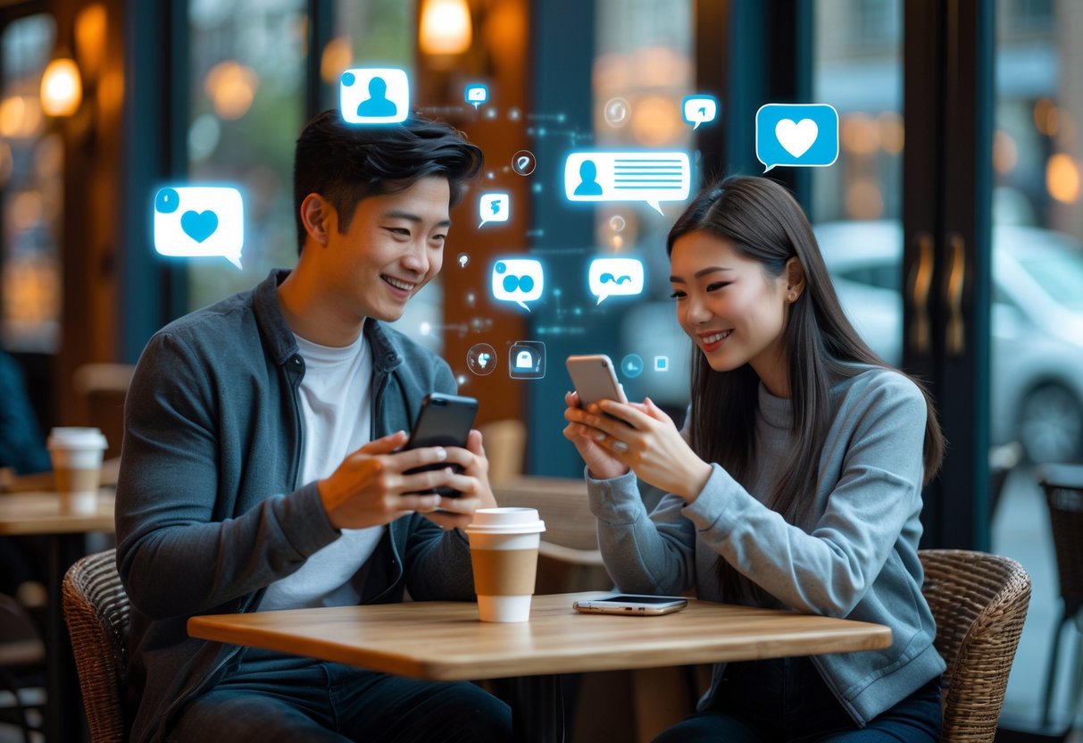 A young couple sitting at a café table, both looking at their smartphones with social media icons floating around them.