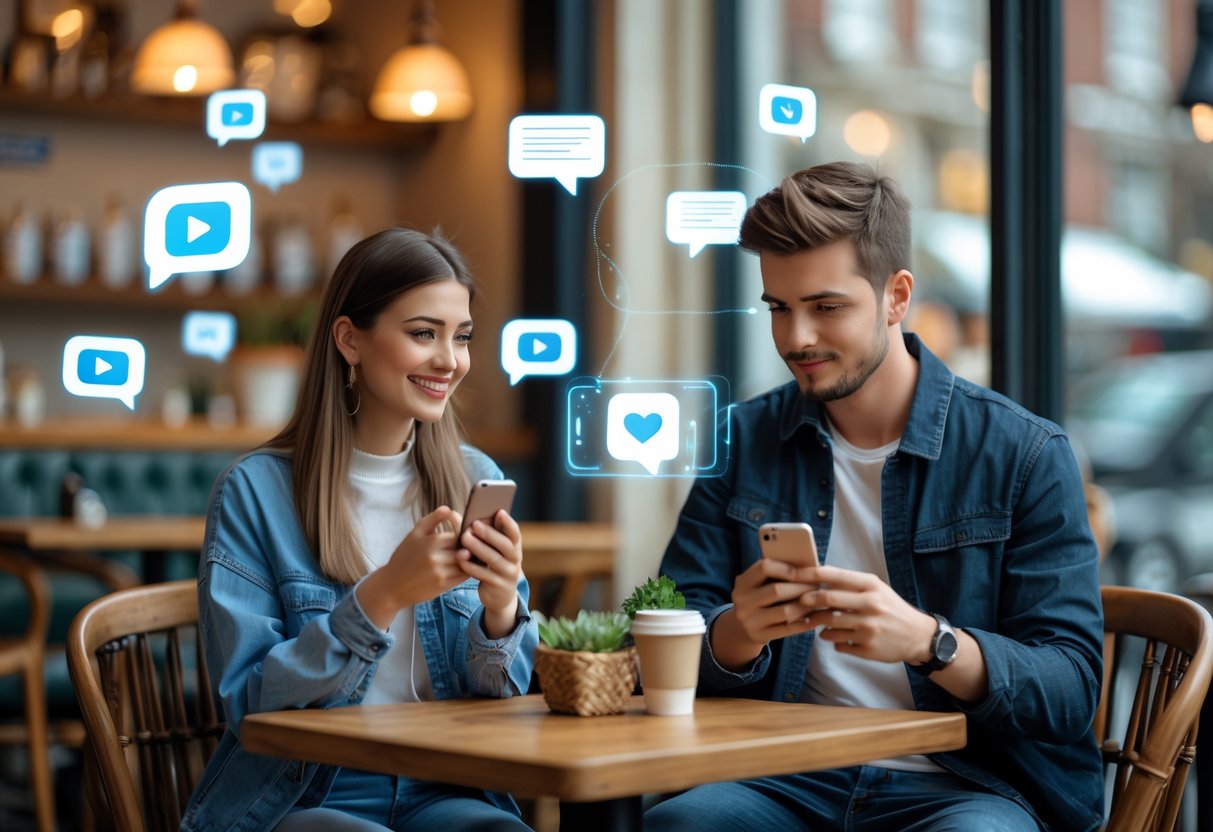 A young couple sitting at a cafe table, each holding a smartphone and interacting while digital icons representing social media notifications float around them.