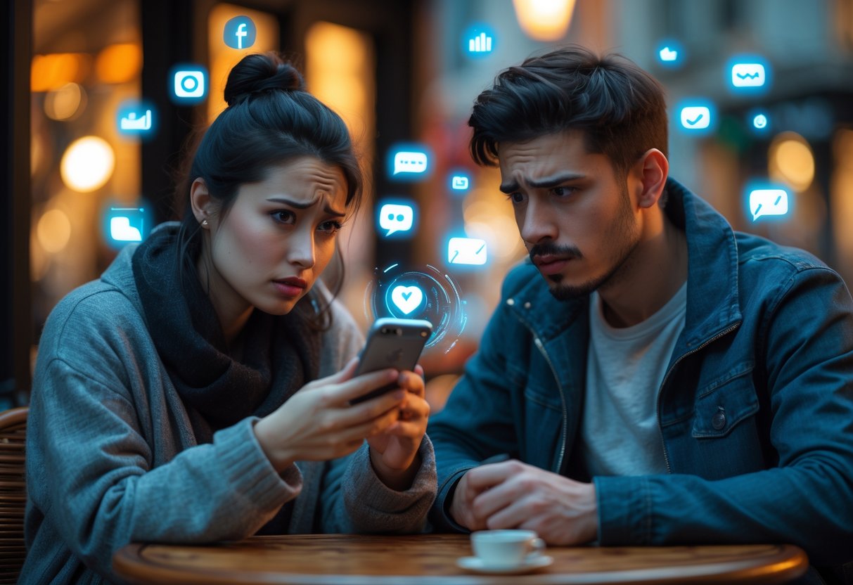 A young couple sitting at a café table; the woman is focused on her smartphone looking concerned, while the man looks frustrated and distant.