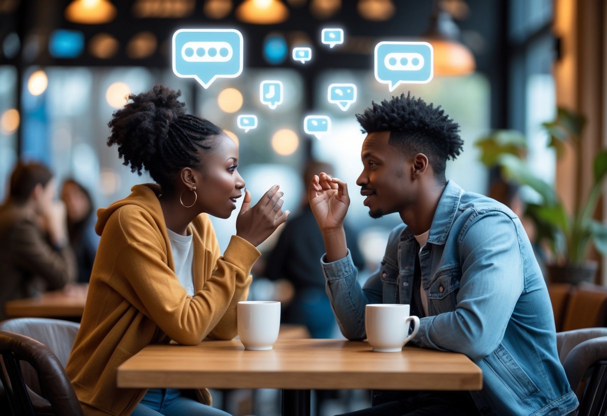 A young couple sitting at a café table having an intense and emotional conversation, with one person speaking passionately and the other listening attentively.