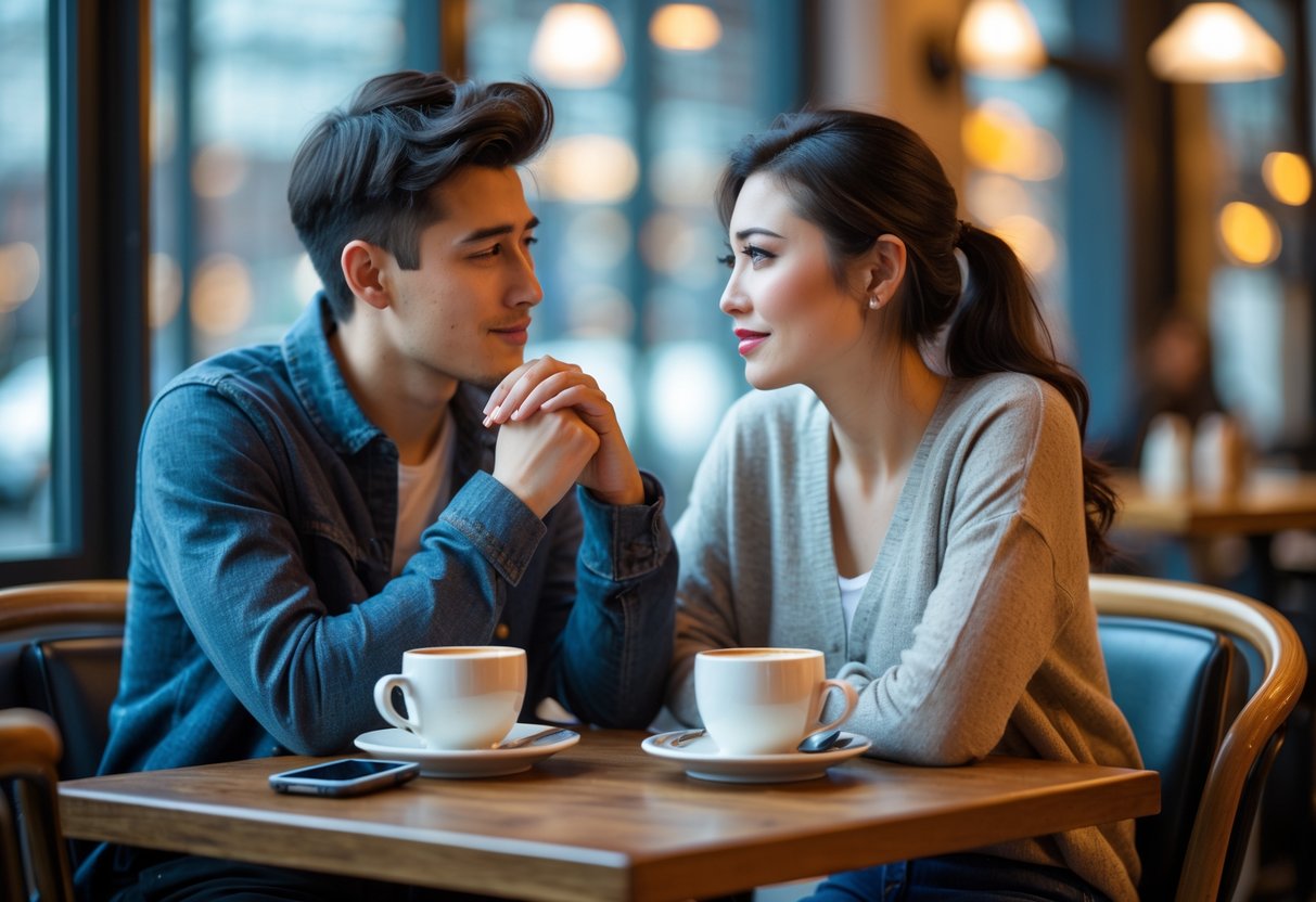 A young couple sitting at a cafe table having a serious and thoughtful conversation with coffee cups and a smartphone on the table.