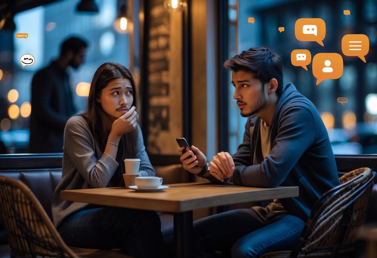 A young couple sitting at a café table; the woman looks uneasy holding a smartphone, while the man listens intently, with a shadowy figure in the background watching them.