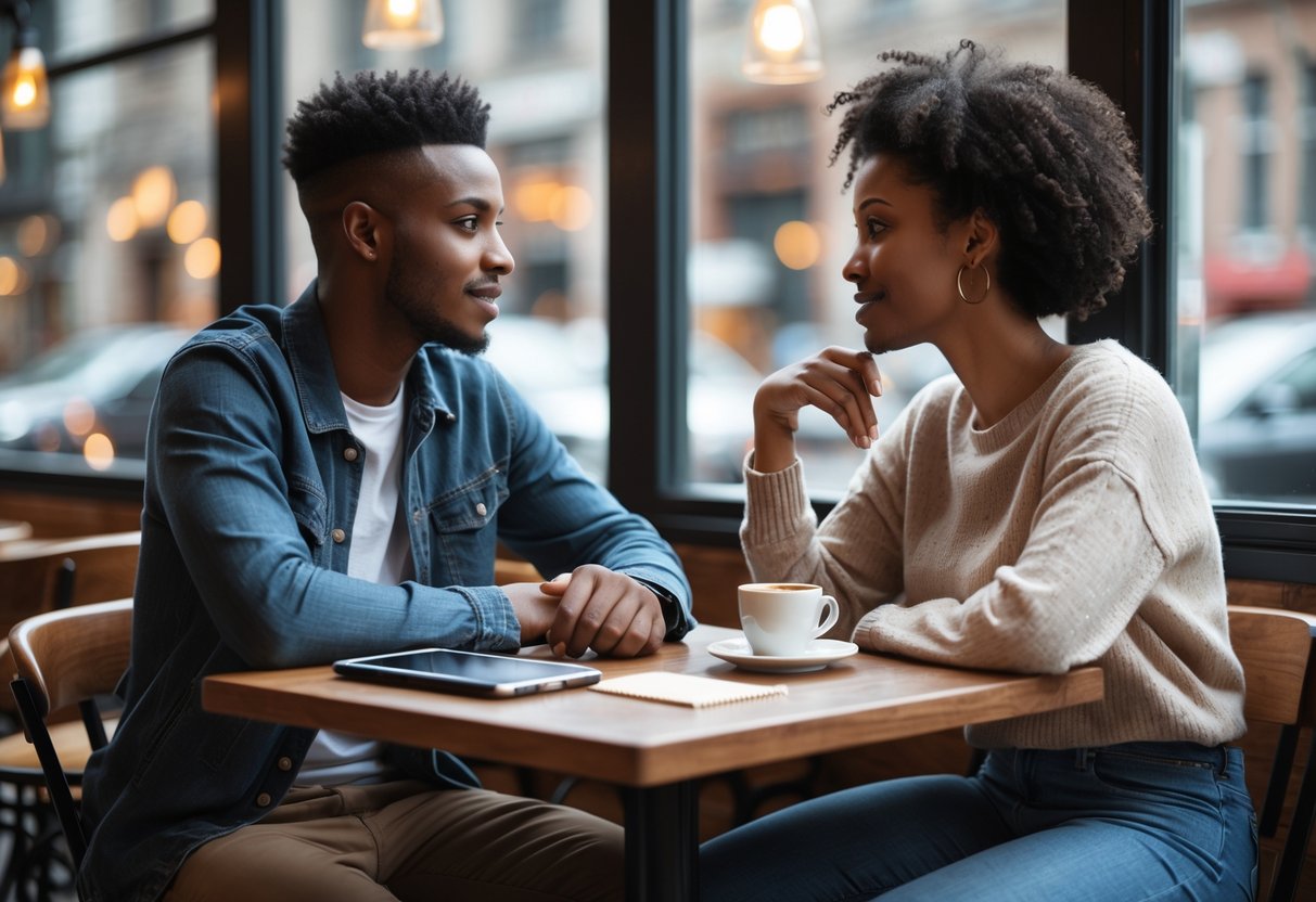A young couple sitting at a café table having a respectful and attentive conversation.