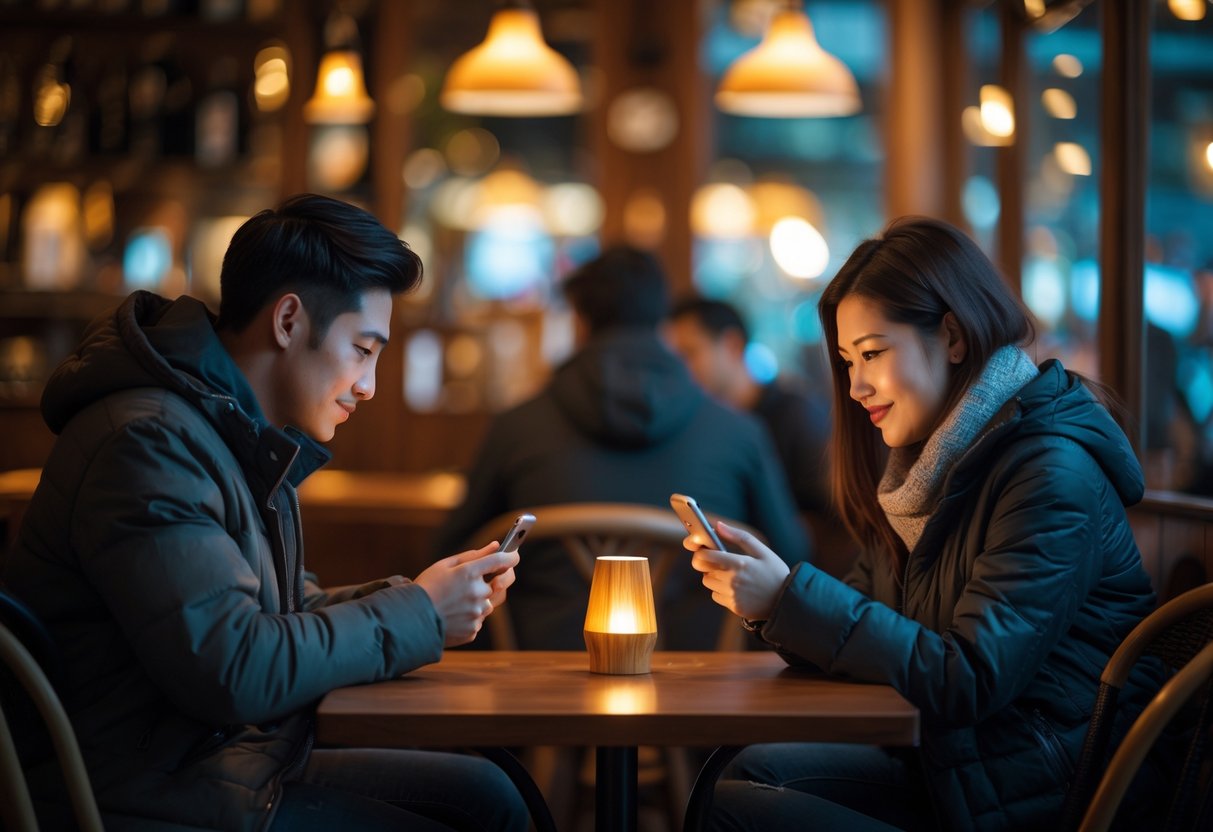 A couple sitting at a café table, talking and using smartphones, with their faces partially turned away to maintain privacy.