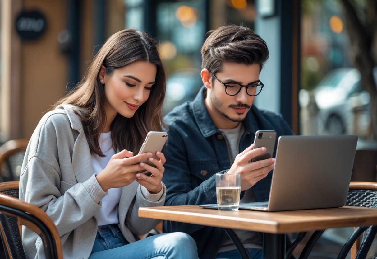 A young couple sitting at an outdoor café table, each looking at their smartphones while keeping a respectful distance.
