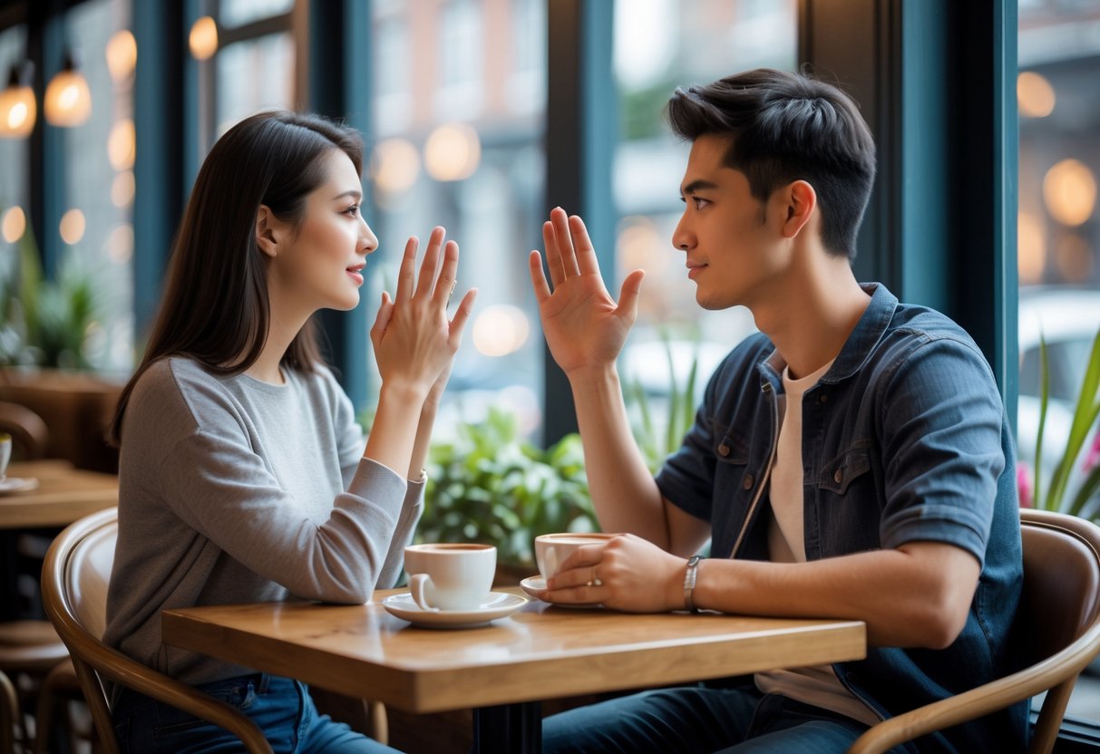 A young couple sitting at a cafe table having a calm conversation, with the woman gently raising her hand as the man listens attentively.