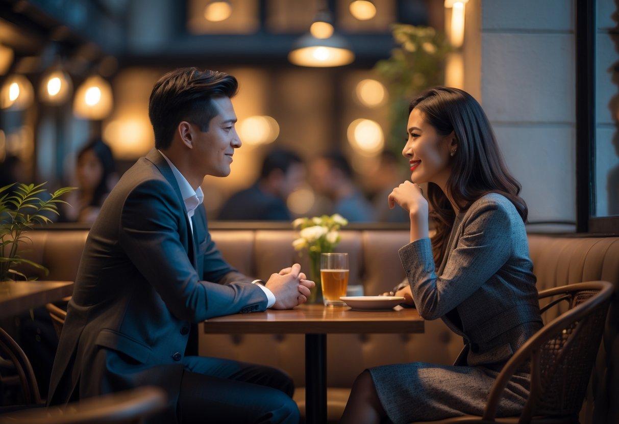 A couple sitting quietly at a cafe table, engaged in a private conversation.