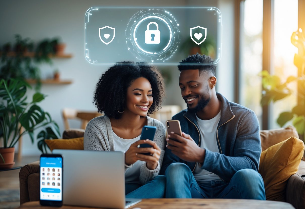 A young couple sitting in a living room looking at a smartphone together, with digital security icons faintly visible in the background.
