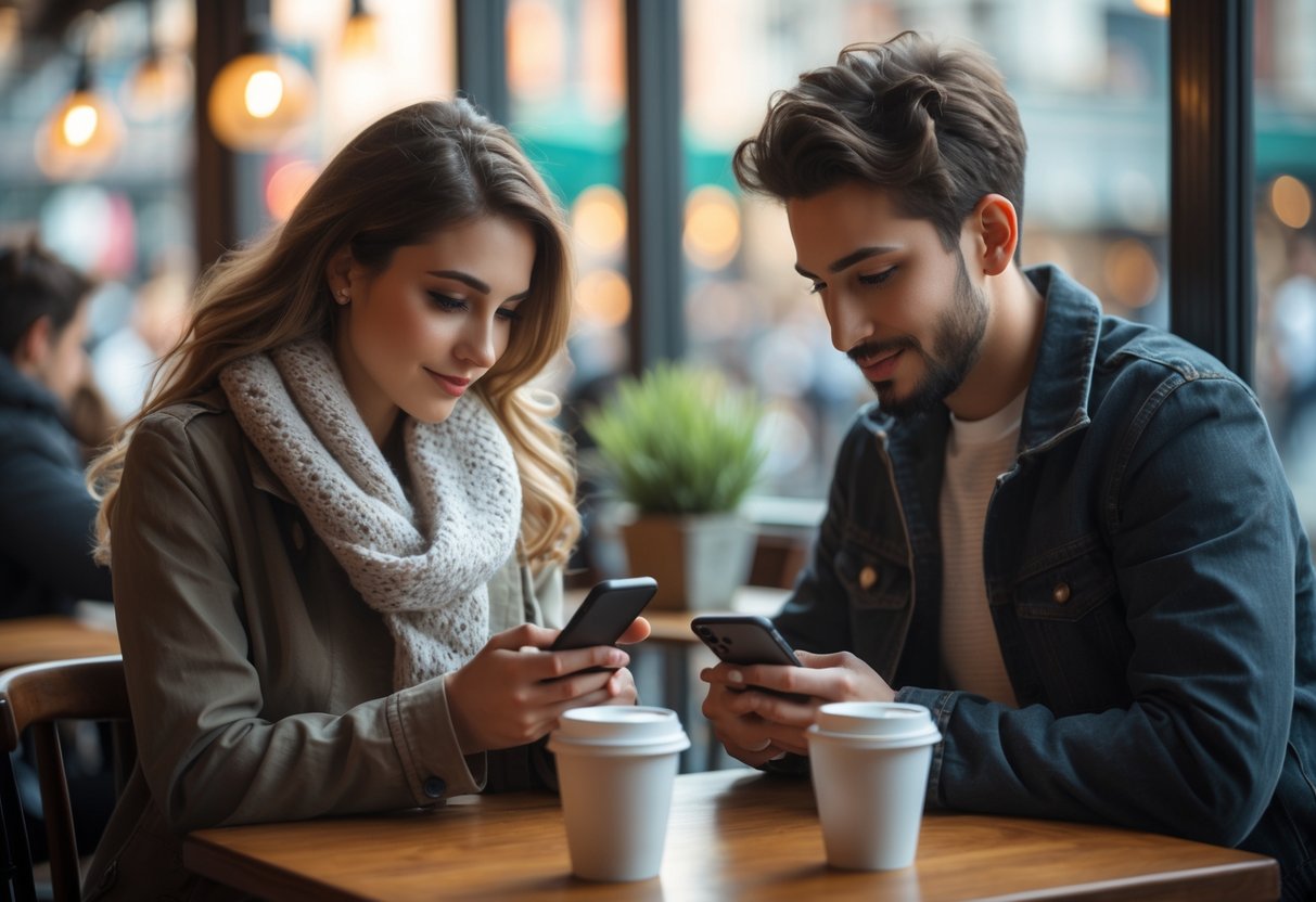 A young couple sitting at a café table, each using their smartphones while maintaining personal space.