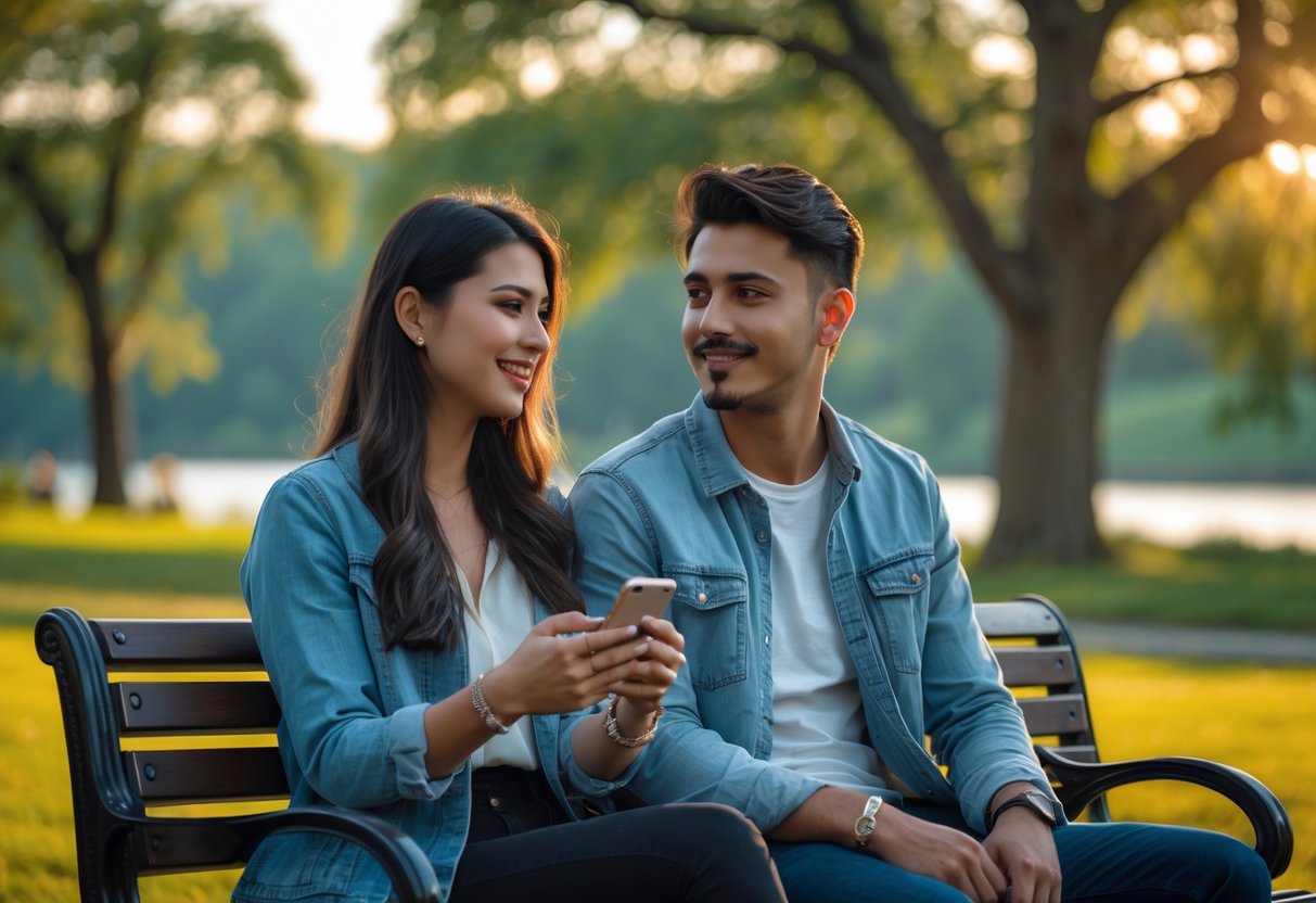 A young couple sitting on a park bench during sunset, having a relaxed conversation while maintaining personal space.