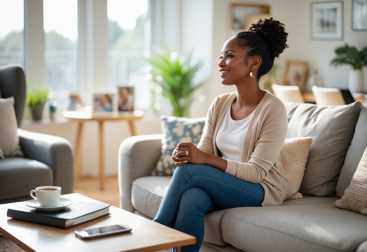 A single mother sitting on a sofa in a bright living room, smiling thoughtfully with a notebook and cup of tea nearby.