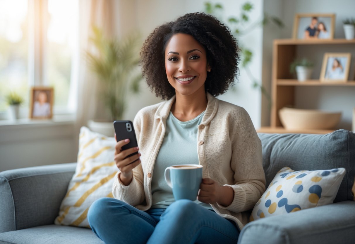 A single mother sitting on a sofa in a living room, holding a smartphone and a cup of coffee, with children's toys and a family photo nearby.