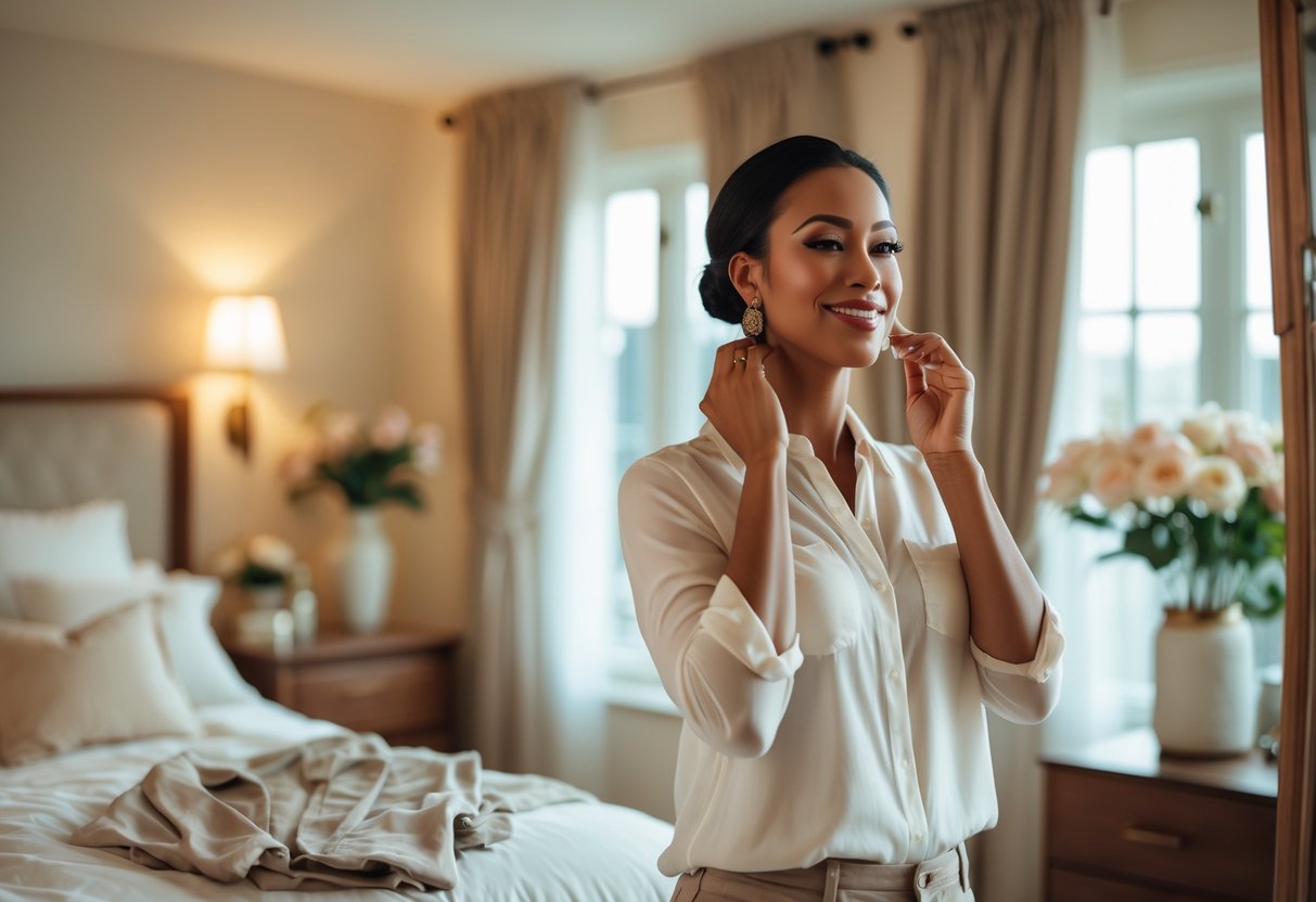 A single mother smiling while getting ready in front of a mirror in a cozy bedroom.