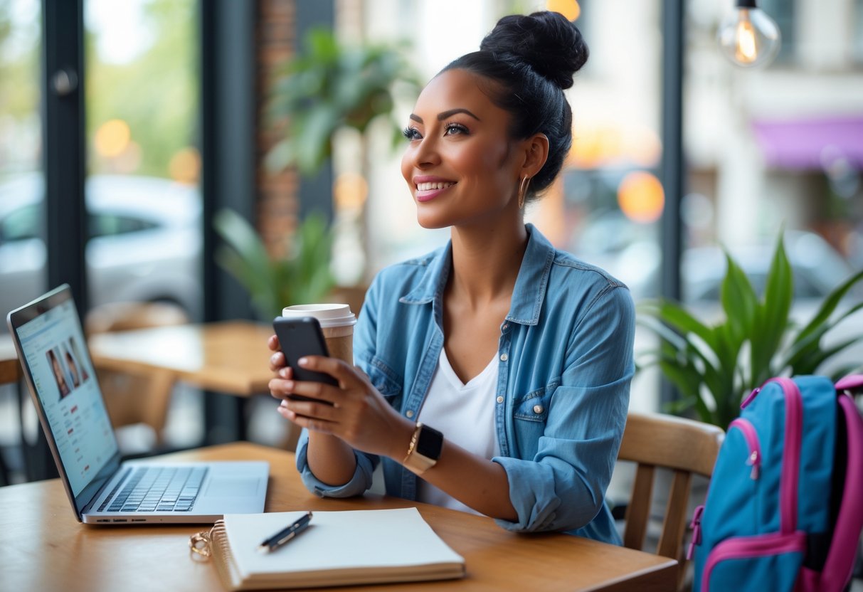 A smiling woman sitting at a coffee shop table with a smartphone and coffee, with a child's backpack nearby.