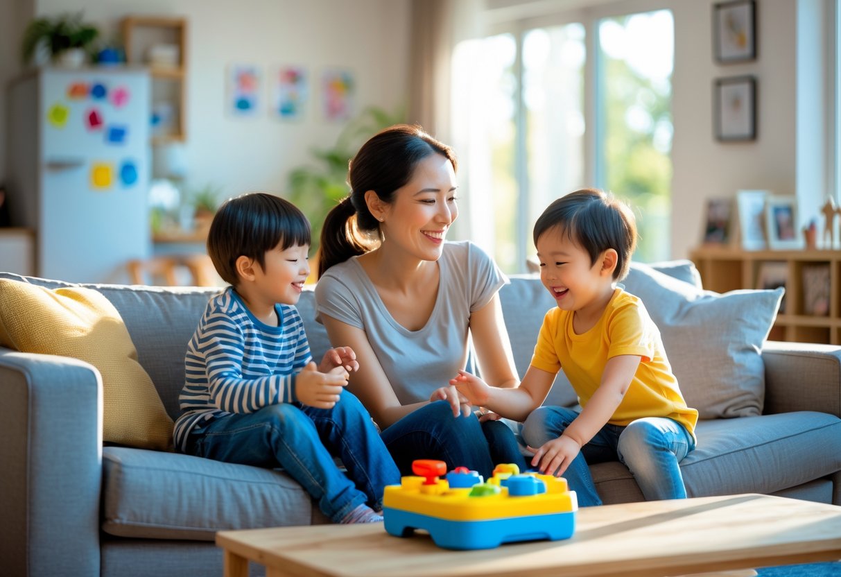 A single mother sitting on a sofa smiling and playing with her two young children in a bright living room.