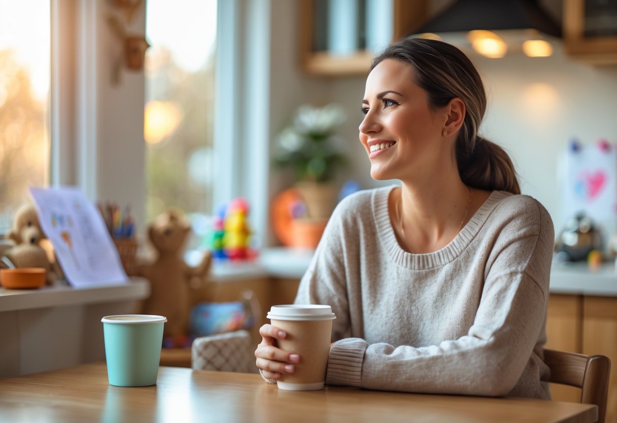 A single mother sitting at a kitchen table, holding a cup of coffee, with children’s items visible in the background.