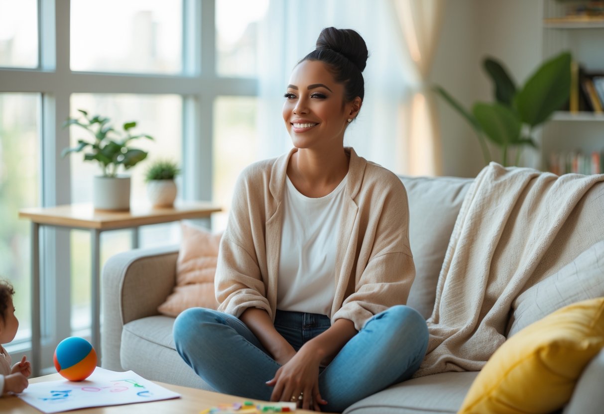 A smiling single mother sitting in a bright living room with children's items nearby, looking confident and relaxed.
